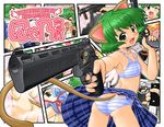  animal_ears ass blush bra cat_ears cat_tail comic dual_wielding fang foreshortening green_eyes green_hair gun h&amp;k_mp5 handgun hase_yu heckler_&amp;_koch holding lingerie looking_back nyano open_mouth original panties ported_barrel revolver short_hair skirt striped striped_bra striped_panties submachine_gun tail taurus_raging_bull underwear weapon wind wind_lift wings 