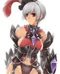  areolae armor bare_shoulders breasts collar detached_sleeves feathers frown garter_belt gem groin hairband hat large_breasts midriff monster_hunter navel no_bra panties red_eyes shiny shiny_skin short_hair sideboob silver_hair solo thomasz underwear 