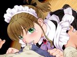  1girl ascot blush brooch brown_hair frills game_cg gem green_eyes hairband jewelry kiriyama_taichi kneeling long_sleeves looking_at_viewer looking_up maid maid_headdress maid_in_heaven mouth_hold nagisa_(maid_in_heaven) ponytail sidelocks solo_focus unzipping unzipping_with_mouth 