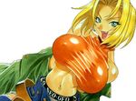  90s bare_shoulders blonde_hair blue_eyes blue_mary breasts fang fatal_fury halterneck huge_breasts kotobuki_tsukasa midriff navel navel_piercing nipples open_mouth piercing shirt solo taut_clothes taut_shirt the_king_of_fighters undressing 