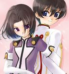  1girl black_hair elbow_gloves gloves kujou_subaru kurokawa_ako locked_arms purple_eyes sakura_taisen sakura_taisen_v short_hair taiga_shinjirou uniform 