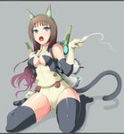  animal_ears bad_id bad_pixiv_id blue_eyes brown_hair elbow_gloves fang gloves kasai_shin kneeling long_hair open_mouth original robot_ears solo tail thighhighs 