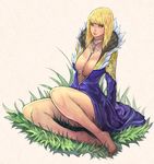  bad_id bad_pixiv_id barefoot blonde_hair breasts cleavage dress grass hidezi large_breasts long_hair original sitting solo 