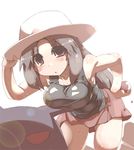  blue_(pokemon) breast_rest breasts breasts_on_head cleavage gen_1_pokemon gengar hat holding holding_poke_ball large_breasts long_hair lowres poke_ball pokemon pokemon_(creature) pokemon_(game) pokemon_frlg porkpie_hat skirt sweat tokyo_(great_akuta) 