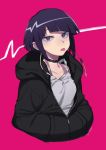  1girl :p bangs black_choker black_hair black_hoodie blunt_bangs boku_no_hero_academia choker earlobes hands_in_pockets jirou_kyouka long_sleeves looking_at_viewer maneki-neko_(fujifuji) pink_background purple_eyes shirt short_hair solo tank_top tongue tongue_out unzipped upper_body waveform white_shirt zipper zipper_pull_tab 