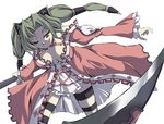  arala_cran breasts cleavage green_hair grey_eyes large_breasts one_eye_closed scythe shikigami_no_shiro solo thighhighs tsukamoto_tsukasa twintails zettai_ryouiki 