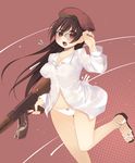  arima_senne beret blush breasts brown_hair dress_shirt glasses gun hat kashiwamochi_yomogi large_breasts legs long_hair mole mole_on_breast no_bra no_pants original panties red_eyes rifle sandals see-through shirt solo toes underwear weapon wet white_panties 