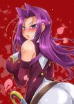  ass blood blush breasts cherry_blossoms code_geass cornelia_li_britannia elbow_gloves gloves highres kazahana_chiruwo large_breasts long_hair looking_back petals purple_eyes purple_hair sword weapon 