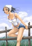  against_fence barefoot black_hair breasts camisole cleavage cloud covered_nipples day denim denim_shorts fence grass hands happy head_scarf kawamura_tsukasa leaning_forward medium_breasts midriff open_mouth original panties short_hair shorts silver_eyes solo underwear unzipped white_panties 
