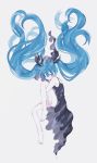  1girl bakku_(fspz4427) bare_arms bare_shoulders barefoot black_dress black_ribbon blue_hair curly_hair dress expressionless eyes_closed floating_hair full_body grey_background hatsune_miku highres long_dress long_hair ribbon ribbon_hair shinkai_shoujo_(vocaloid) simple_background sleeveless sleeveless_dress solo twintails very_long_hair vocaloid 