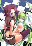  bad_id bad_pixiv_id bare_shoulders blue_eyes breasts butt_crack c.c. checkered code_geass green_hair kallen_stadtfeld large_breasts long_hair looking_at_viewer lying mouth_hold multiple_girls red_hair shirt_lift short_hair sleeveless sleeveless_turtleneck tatami_to_hinoki thighhighs turtleneck yellow_eyes yuri 