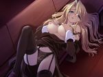  bench blonde_hair blue_eyes blush bra bra_lift breasts covering covering_breasts dress dress_lift dress_pull emily_(pure_dream) game_cg garter_belt glasses large_breasts lingerie long_hair lying moero_downhill_night nipples on_back panties solo thighhighs underwear yano_maria 