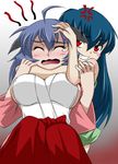  artist_request asphyxiation breasts furude_rika hakama hanyuu higurashi_no_naku_koro_ni japanese_clothes large_breasts multiple_girls red_eyes red_hakama sideboob strangling tears 