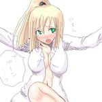  artist_request blonde_hair blush breasts cleavage copyright_request dress_shirt green_eyes large_breasts open_clothes open_mouth open_shirt ponytail shirt sleepy solo source_request tears translated 