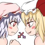  bad_id bad_pixiv_id blonde_hair blue_hair blush_stickers breast_envy directional_arrow fang flandre_scarlet madhand multiple_girls red_eyes remilia_scarlet siblings sisters tears touhou 