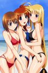  beach bikini blonde_hair blue_eyes blush breast_press breasts brown_hair cleavage day fate_testarossa girl_sandwich hug large_breasts long_hair low-tied_long_hair lyrical_nanoha mahou_shoujo_lyrical_nanoha_strikers multiple_girls ocean outdoors purple_eyes red_hair sandwiched short_hair side-tie_bikini sky smile swimsuit symmetrical_docking takamachi_nanoha very_long_hair yagami_hayate yuuki1103 