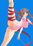  :d ass bangs blue_background breasts brown_hair cameltoe covered_navel covered_nipples crotch entangled flexible flying_sweatdrops groin gymnast_leotard gymnastics hair_ribbon highleg highleg_leotard highres holding jpeg_artifacts kneepits kuroda_kazuya large_breasts leg_lift legs leotard long_hair looking_at_viewer looking_back open_mouth original outstretched_arm pink_leotard profile red_eyes rhythmic_gymnastics ribbon ribbon_baton scan sidelocks simple_background smile solo split spread_legs standing standing_on_one_leg standing_split sweat twintails wide_hips 