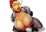  1girl areola_slip areolae breasts choker cleavage crimson_viper donaught earrings gloves green_eyes huge_breasts jewelry lips ponytail red_hair solo street_fighter 