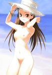 artist_request beach bracelet breasts day glasses hat idolmaster idolmaster_(classic) idolmaster_1 jewelry long_hair minase_iori nipples nude small_breasts solo straw_hat sun_hat 