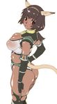  animal_ears ass blush breasts brown_hair cat_ears dark_skin elbow_gloves final_fantasy final_fantasy_xi gloves hairband kouin_n large_breasts mithra open_mouth panties ponytail see-through short_hair solo tail thong underwear 