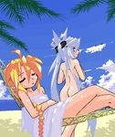  ass beach borrowed_character covering day girl_with_a_blonde_braid_(tomoshibi_hidekazu) hammock lowres mof mof's_silver_haired_twintailed_girl multiple_girls nude nude_cover oekaki original 