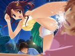  2boys blue_eyes brown_hair cameltoe day game_cg hair_ornament high_kick kadoi_aya kicking kosaka_yuki multiple_boys navel open_mouth outdoors panties pantyshot park side-tie_panties side_ponytail tamatama underwear 