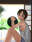  breasts copyright_request food fruit holding holding_food holding_fruit mimura_kaoru nipple_slip nipples short_hair sitting small_breasts smile solo watermelon 