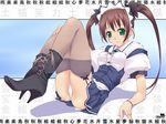  1024x768 blush brown_hair green_eyes high_heels long_hair maid panties shoes twintails underwear 