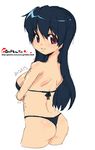  ass bikini black_bikini black_hair brown_eyes copyright_request crossed_legs eyebrows_visible_through_hair long_hair looking_at_viewer oekaki onija_tarou simple_background smile solo swimsuit thong_bikini watermark web_address white_background 