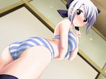  ass blush bra brown_eyes embarrassed from_below game_cg hair_ribbon haoto_luna hotaru_(pancho_de_bravo!) lingerie no_nose pancho_de_bravo! panties purple_hair ribbon short_hair solo striped striped_bra striped_panties thighhighs underwear underwear_only 