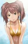  bikini bikini_top breast_squeeze breasts brown_hair cleavage don_michael earrings green_eyes jewelry kujikawa_rise light_smile looking_at_viewer medium_breasts persona persona_4 shiny shiny_skin solo swimsuit twintails wet yellow_bikini 