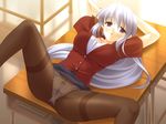  blue_hair blush crotch_seam desk game_cg glasses koiiro_chu!_lips long_hair lying manabe_shizuku odawara_hakone panties panties_under_pantyhose pantyhose pantyshot pantyshot_(lying) purple_eyes solo spread_legs thighband_pantyhose underwear upskirt 