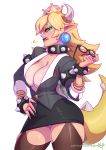  1girl black_lipstick blonde_hair blue_eyes bowsette bracelet breasts cleavage formal horns jewelry kajin_(kajinman) lipstick long_hair makeup mario_(series) new_super_mario_bros._u_deluxe nintendo skirt solo spiked_armlet spiked_bracelet spikes suit super_crown tail thighhighs 