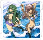  ariel_org ass bikini breasts circlet cleavage green_hair hair_ornament large_breasts multiple_girls nakabayashi_reimei ocean one-piece_swimsuit ouka_nagisa pink_hair purple_eyes real_robot_regiment sengekimaru super_robot_wars super_robot_wars_original_generation swimsuit water yellow_eyes 