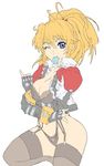  blonde_hair breasts caryo condom condom_in_mouth excellen_browning mouth_hold solo super_robot_wars tabigarasu thighhighs 