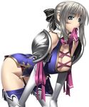  armor bent_over breasts cassandra_alexandra cleavage covered_nipples elbow_gloves gloves green_eyes hair_ribbon kansuke large_breasts leaning_forward mouth_hold necktie pink_neckwear ponytail ribbon sideboob silver_hair solo soulcalibur thighhighs 