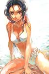  ame_yamori bikini black_hair breasts brown_eyes cleavage large_breasts original sitting solo sunlight swimsuit wet 
