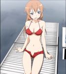  bikini bikini_top blue_eyes blush breasts charlotte_e_yeager large_breasts long_hair lowleg open_clothes open_fly open_shorts orange_hair pants screencap shorts stitched strike_witches swimsuit third-party_edit unzipped world_witches_series 