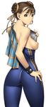  ass blue_bodysuit bodysuit breasts brown_eyes brown_hair chun-li double_bun double_vertical_stripe kansuke looking_back medium_breasts nipples skin_tight solo street_fighter undressing wedgie 