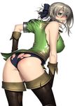  ass back bent_over blush boots cassandra_alexandra gloves green_eyes hair_ribbon kansuke looking_back ribbon silver_hair solo soulcalibur spanked thigh_boots thighhighs torn_clothes 