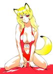  animal_ears blonde_hair breast_squeeze breasts cleavage fox_ears fox_tail kneeling large_breasts one-piece_swimsuit original red_eyes slit_pupils solo swimsuit tail ueyama_michirou 