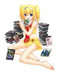  bad_id bad_pixiv_id barefoot blonde_hair blue_eyes blush copyright_request feet flat_chest hairband midriff miniskirt necktie no_panties playing_games sitting skirt solo sutein twintails video_game 