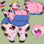  2019 5_fingers anthro bandanna belly big_belly big_breasts big_butt big_thighs biped black_eyes blush bovid bovine breasts butt cattle cleavage clothed clothing digital_media_(artwork) eyelashes female front_view gammanaut green_background hair hair_over_eye huge_breasts huge_butt huge_thighs mammal model_sheet motion_lines nude open_mouth overalls overweight overweight_female rear_view saliva simple_background solo standing teeth thick_thighs tongue tongue_out undressing voluptuous wide_hips 