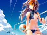  bikini blue_eyes breasts cloud day digital_media_player galge.com in_swimsuit lowleg lowleg_bikini medium_breasts navel nilitsu side-tie_bikini sideboob sky solo swimsuit tattoo visor_cap volleyball wallpaper 