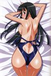  ass back bed black_hair blue_eyes blush breast_press breasts competition_swimsuit from_above from_behind highleg highleg_swimsuit kuroda_kazuya large_breasts long_hair looking_back lying mizushima_asa on_stomach one-piece_swimsuit one-piece_tan sideboob solo sora_no_iro_mizu_no_iro swimsuit tan tanline wet 