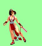  animated animated_gif bouncing_breasts breasts brown_hair closed_fan fan fatal_fury folding_fan green_background large_breasts lowres pelvic_curtain pixel_art ponytail revealing_clothes shiranui_mai solo the_king_of_fighters 