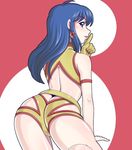  ass blue_eyes blue_hair caryo dirty_pair earrings finger_to_mouth from_behind jewelry long_hair lowres nanashino simple_background solo yuri_(dirty_pair) 