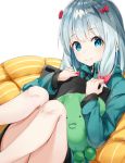  1girl blue_eyes bow closed_mouth commentary_request eromanga_sensei eyebrows_visible_through_hair green_jacket hair_bow highres izumi_sagiri jacket kurokuro_illust legs long_hair long_sleeves looking_at_viewer low-tied_long_hair pink_bow silver_hair simple_background smile solo stuffed_animal stuffed_octopus stuffed_toy tablet_pc white_background 