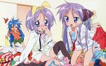  absurdres artist_request barefoot blue_eyes blue_hair feet highres hiiragi_kagami hiiragi_tsukasa izumi_konata kneeling long_hair lucky_star mole mole_under_eye multiple_girls purple_hair single_sock single_thighhigh socks soles thighhighs undressing 