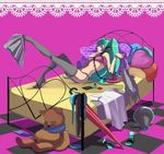  bad_id bad_pixiv_id bed blue_hair bra checkered corded_phone ebi_(pixiv66713) hatsune_miku heart high_heels koi_wa_sensou_(vocaloid) leg_up lingerie long_hair lying megaphone messy_room nail_polish panties phone pillow shoes skirt solo thighhighs umbrella underwear underwear_only undressing vocaloid world_is_mine_(vocaloid) 